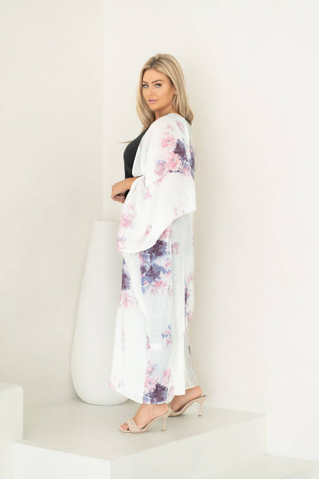 White Pink & Purple Floral Long Duster Kimono Beach Cover Up