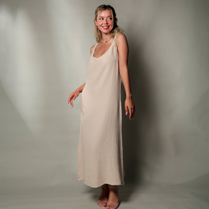 Moa - Double Gauze  Beige Muslin Sleeveless Cami Dress