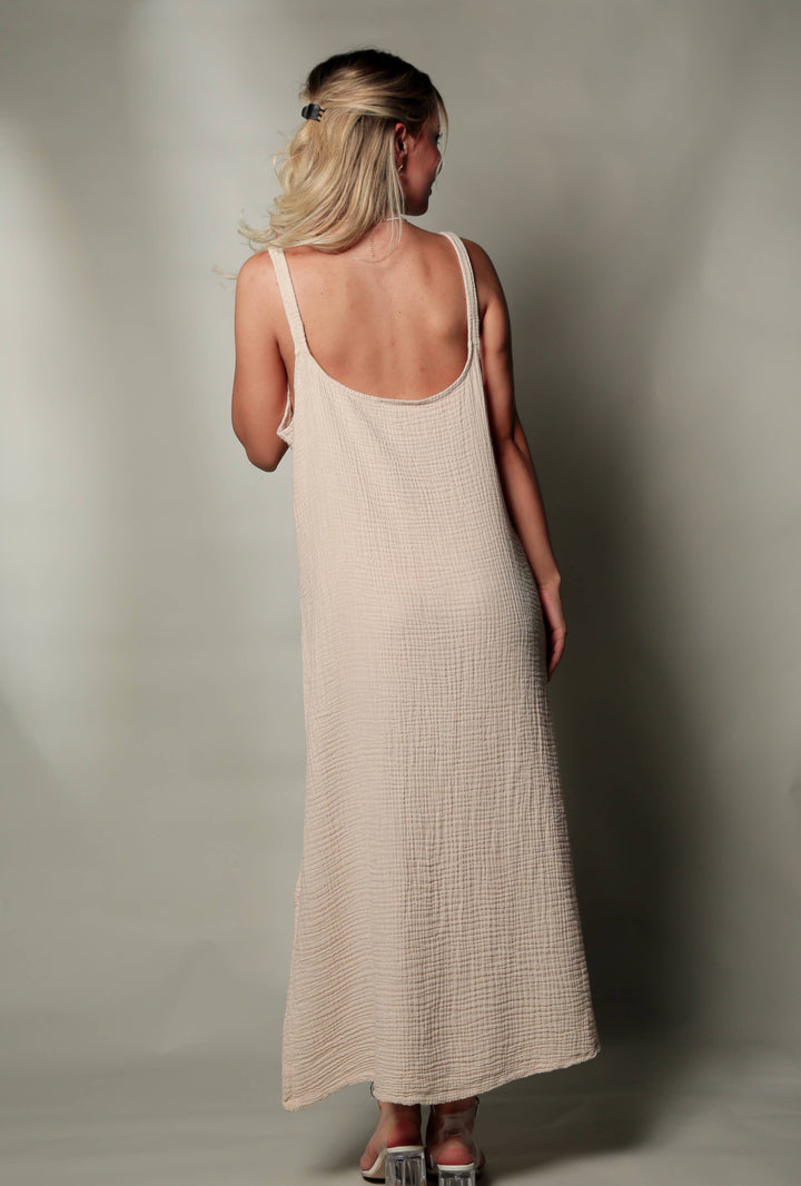 Moa - Double Gauze  Beige Muslin Sleeveless Cami Dress