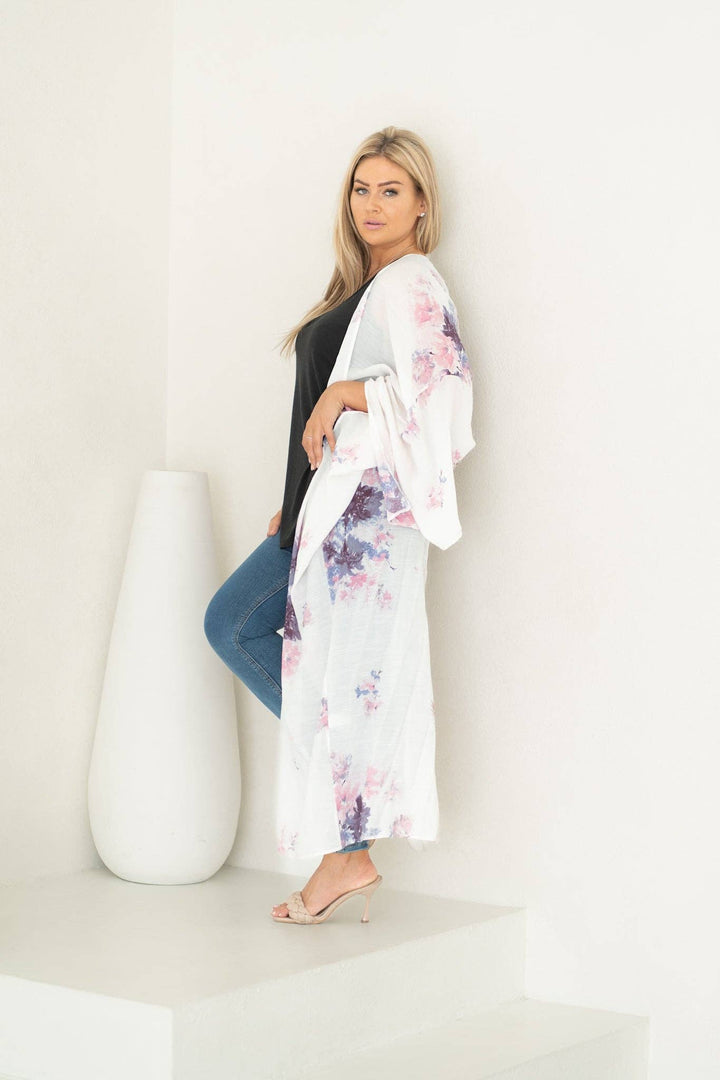 White Pink & Purple Floral Long Duster Kimono Beach Cover Up