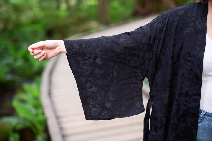 Black Kimono Sleeve Jacket Robe Satin Floral Print