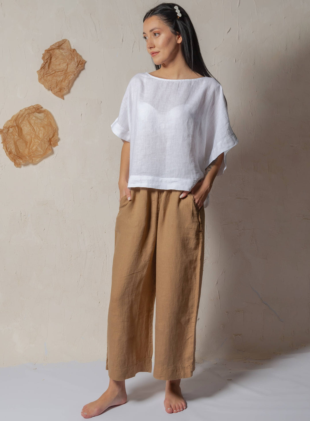 Moa - Beige High Waisted Linen Pants