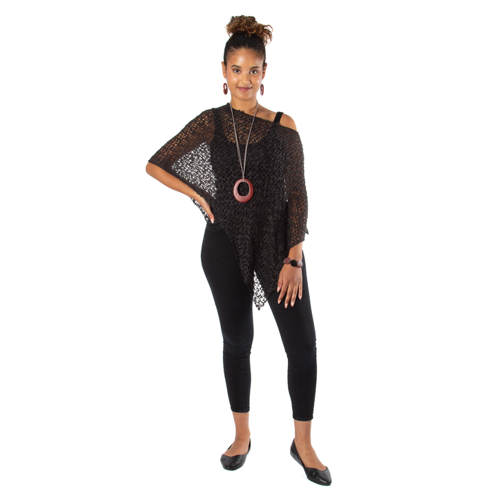 Short Popcorn Knit Poncho - Black